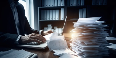 Printed documents stacked on an employees desk while he types on a computer