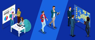 Illustration depicting two start-up hubs on a dark blue background with two business people walking between them on a light blue background