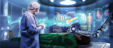 the future of hospital healthcare, a surgeon undertakes an operation assisted by a robot