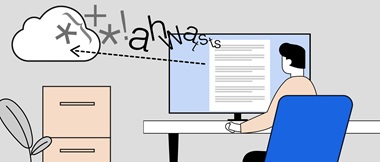 Illustration of a man sat at a desk in front of a computer display with a document being encrypted and sent securely to the cloud