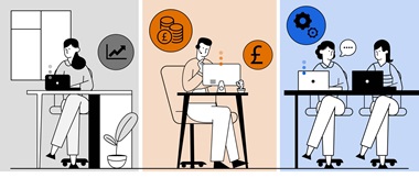 Illustration of three hybrid working scenarios - a lady working in a home environment, a man on a call at a helpdesk and two female colleagues having a discussion in an office environment