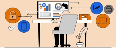 Illustration of a man looking at a computer monitor which is filled with charts and statistics while sat at a desk with various icons around him highlighting security risks