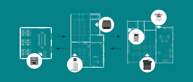 Diagram of six printers situated over floor plans of three office spaces on a teal background