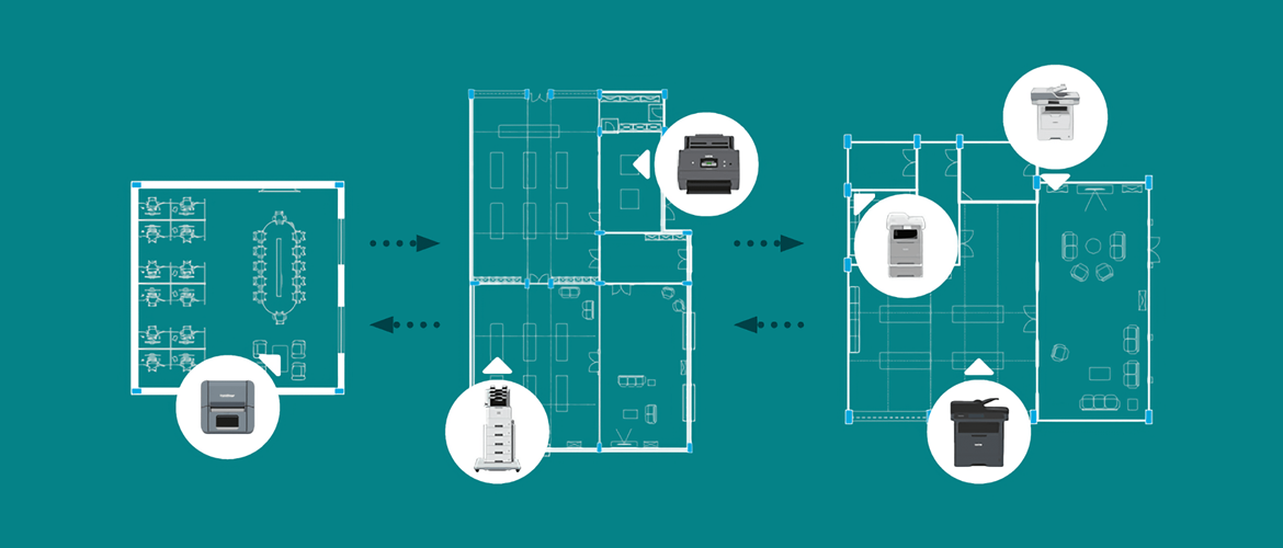 Diagram of six printers situated over floor plans of three office spaces on a teal background