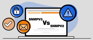 Illustration of a laptop computer surrounded by symbols depicting the benefits of using SNMPv3 over SNMPv2