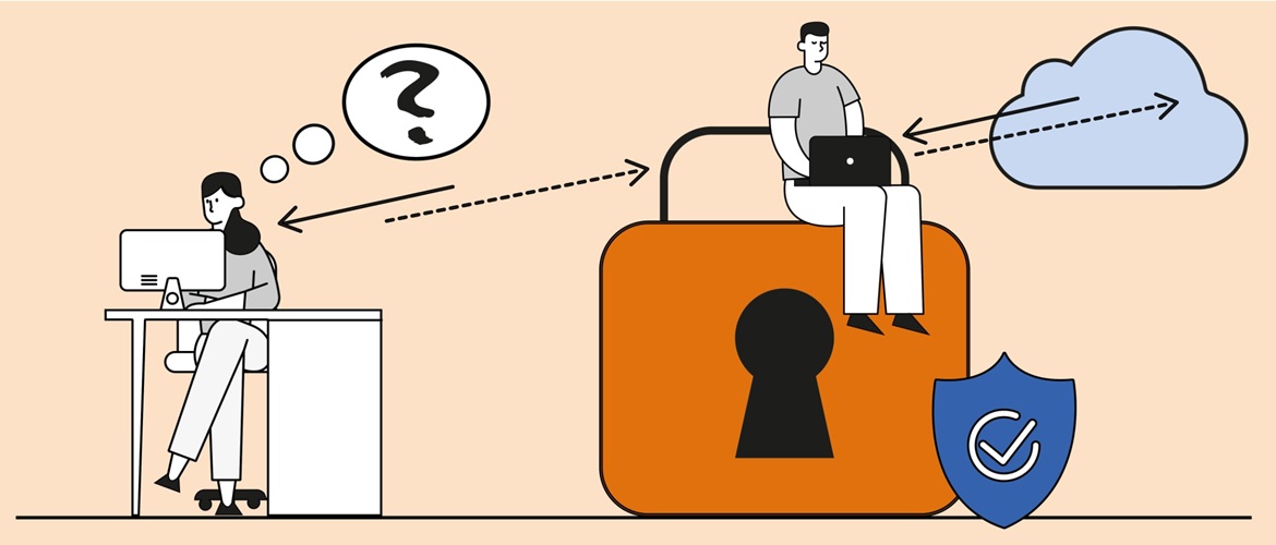 Illustration of a woman using a computer while sat at a desk with a question mark in a speech bubble, a man using a laptop computer is perched on a large padlock with security and cloud icons to his right