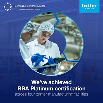 'We've achieved RBA Platinum certification across four printer manufacturing facilities' slogan above factory images arranged in a quadrant